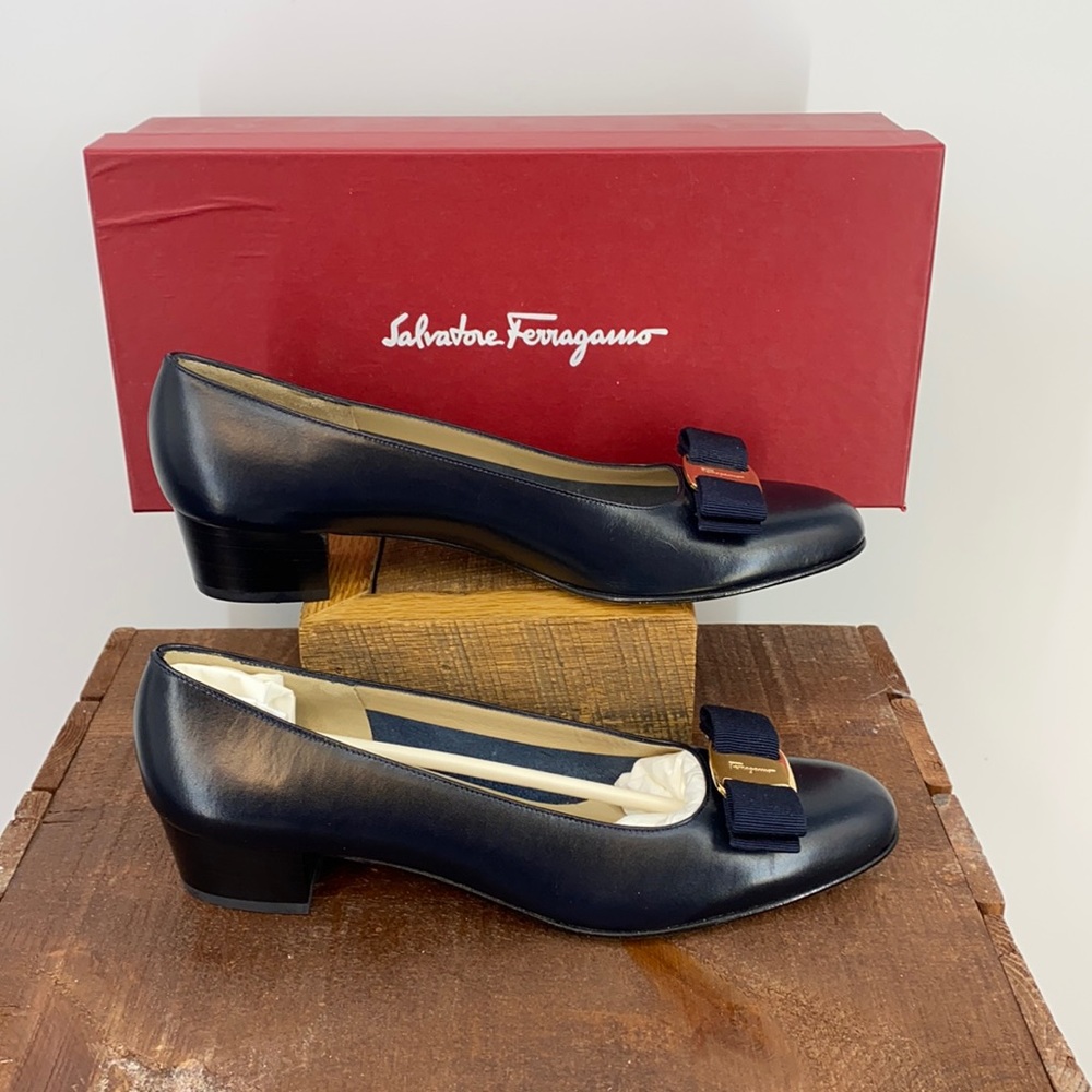 Ferragamo navy kitten heels
